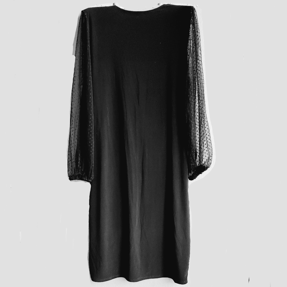 fashion To Figure Stretch  Black Mesh Long Lanter Sleeve Faux Wrap Dress Size 3 - Picture 2 of 10